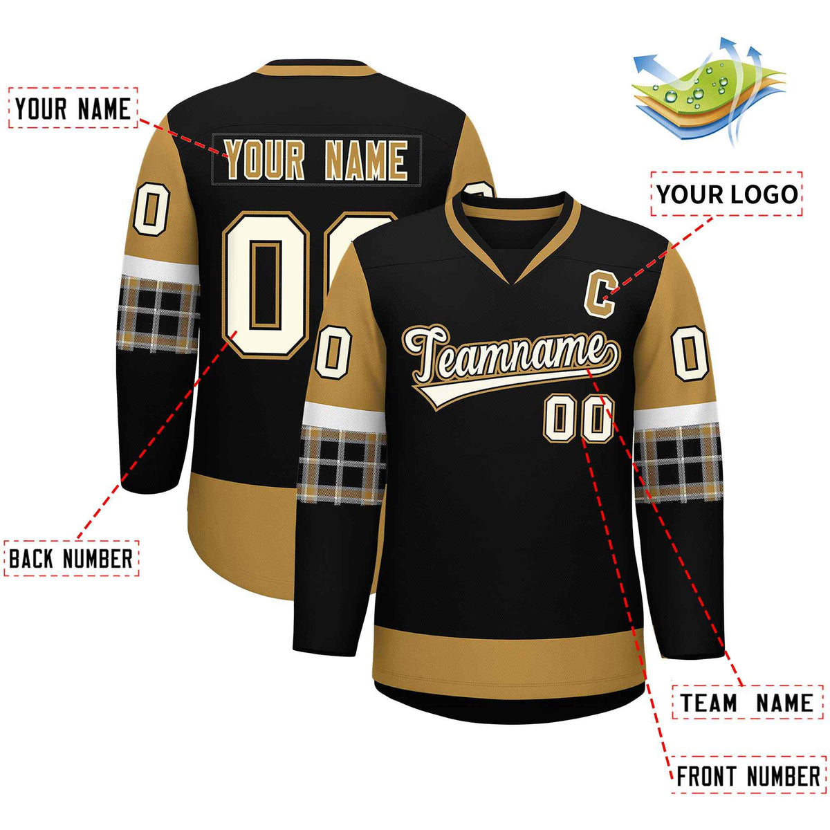 Custom Black Old Gold-White Personalized Raglan Sleeves V-Neck Hockey Jersey | KXKSHOP