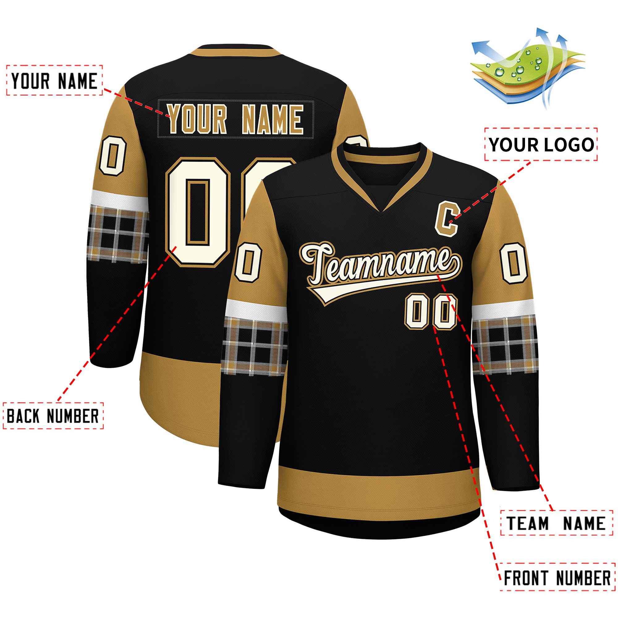 Custom Black Old Gold-White Personalized Raglan Sleeves V-Neck Hockey Jersey | KXKSHOP