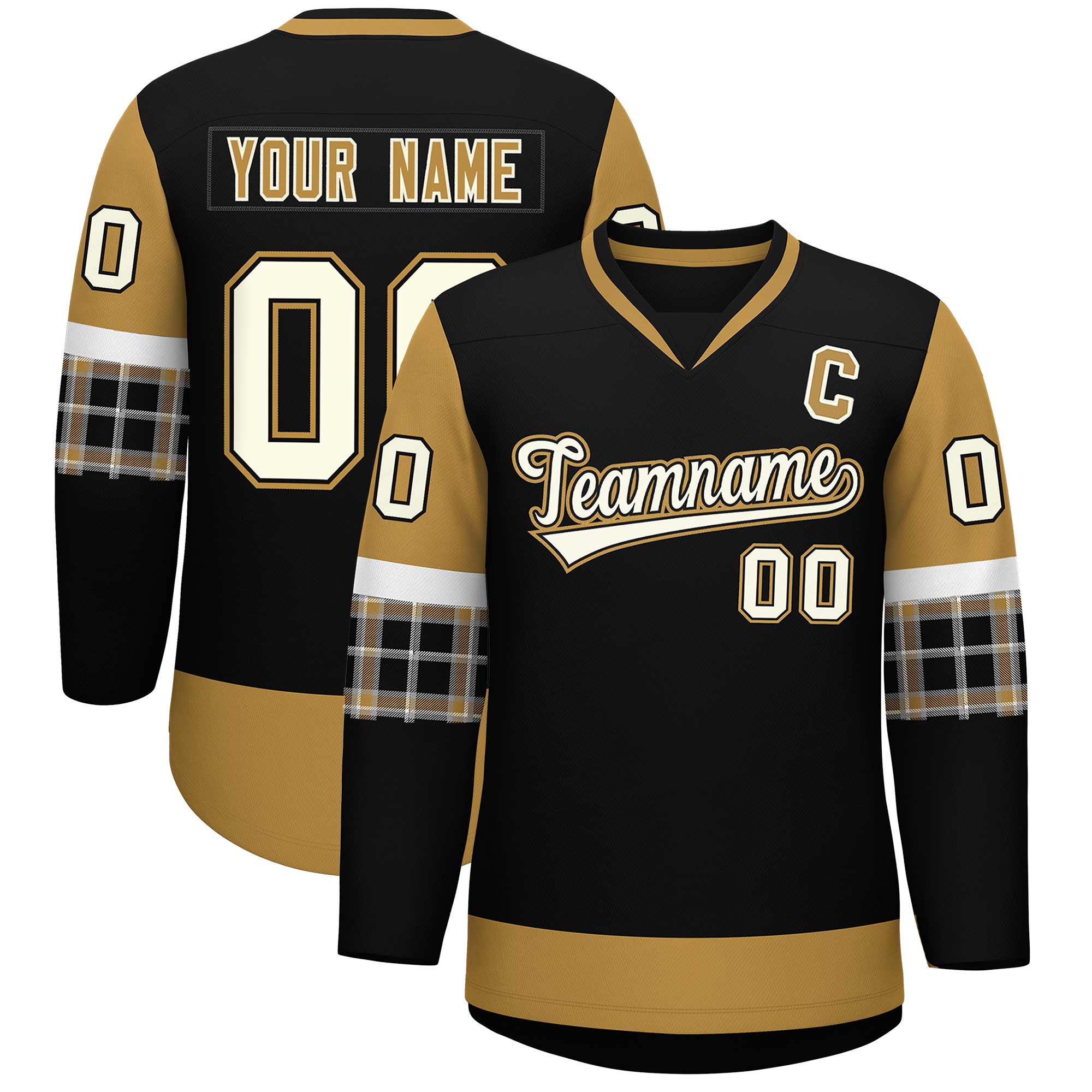 Custom Black Old Gold-White Personalized Raglan Sleeves V-Neck Hockey Jersey | KXKSHOP