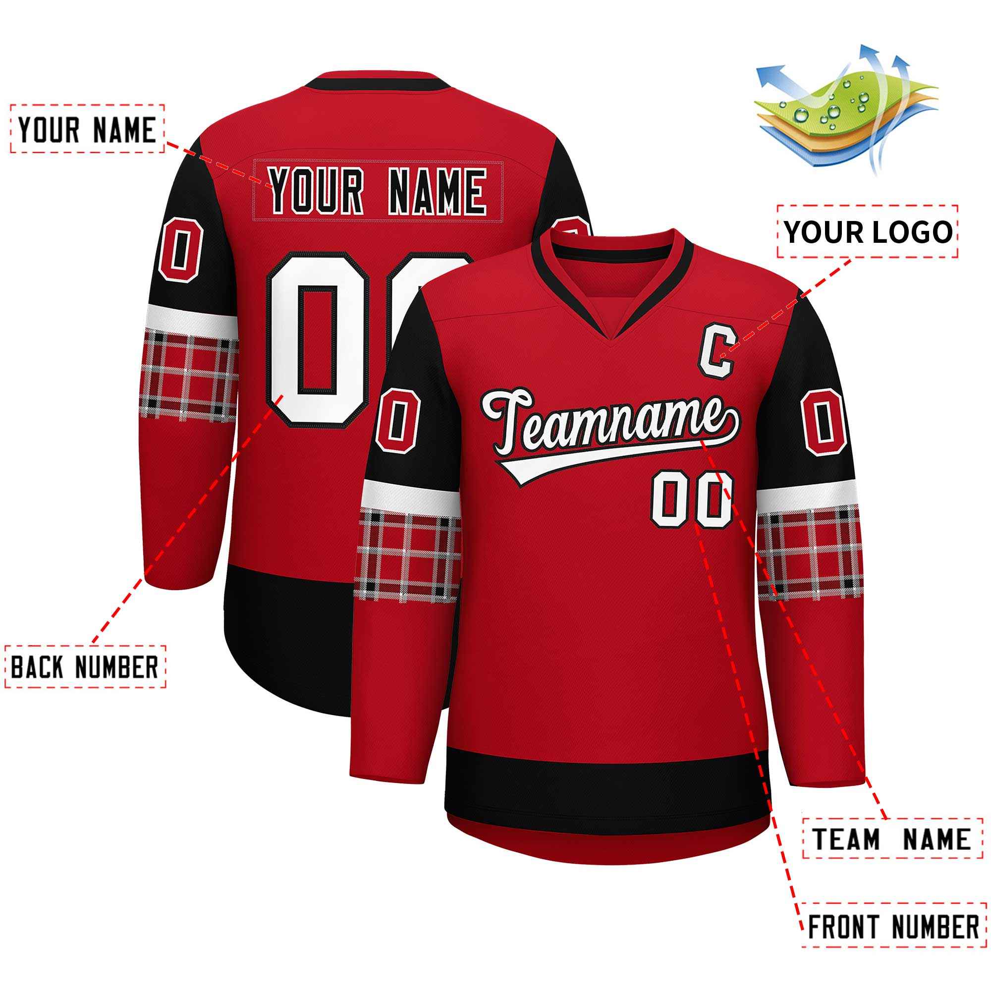 Custom Red Black-White Personalized Raglan Sleeves V-Neck Hockey Jersey | KXKSHOP