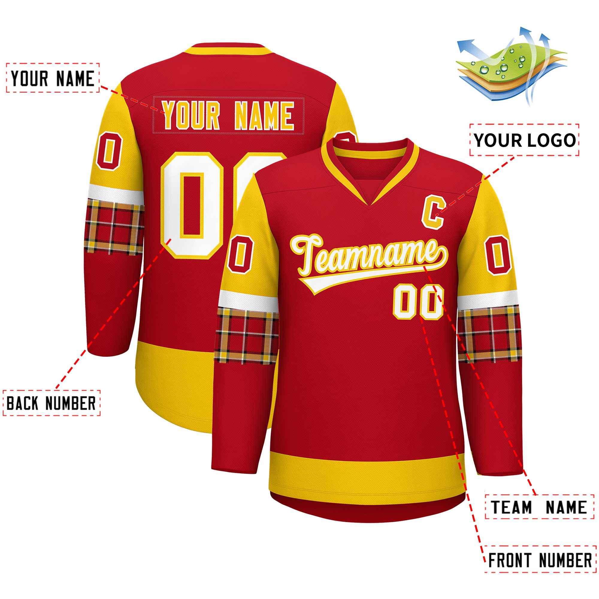 Custom Red Gold-White Personalized Raglan Sleeves V-Neck Hockey Jersey | KXKSHOP