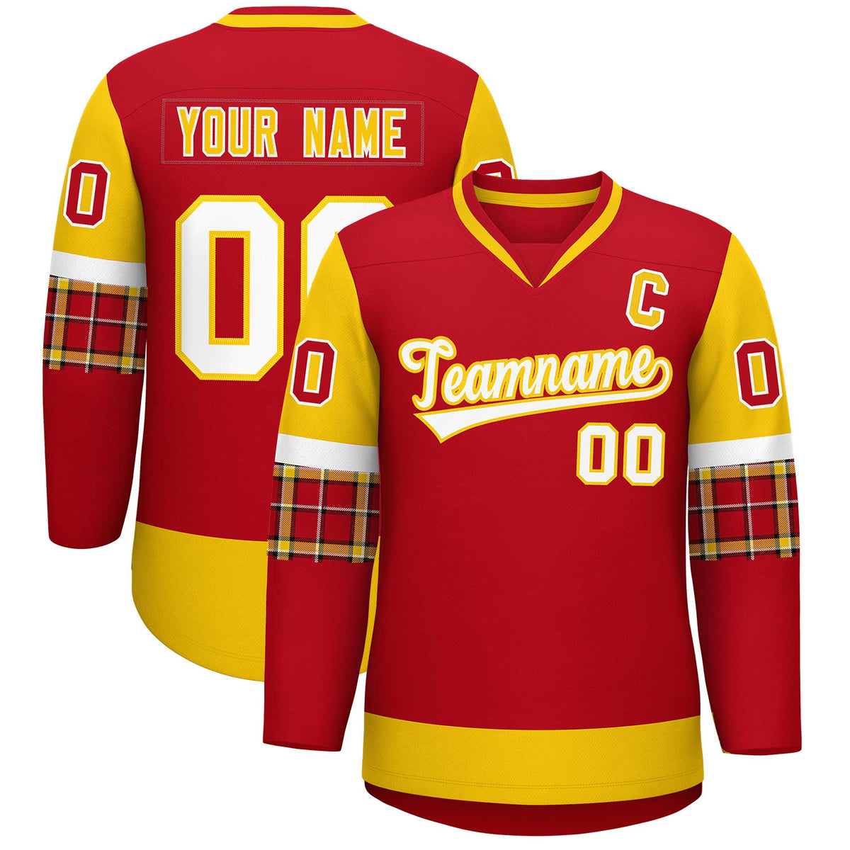 Custom Red Gold-White Personalized Raglan Sleeves V-Neck Hockey Jersey | KXKSHOP