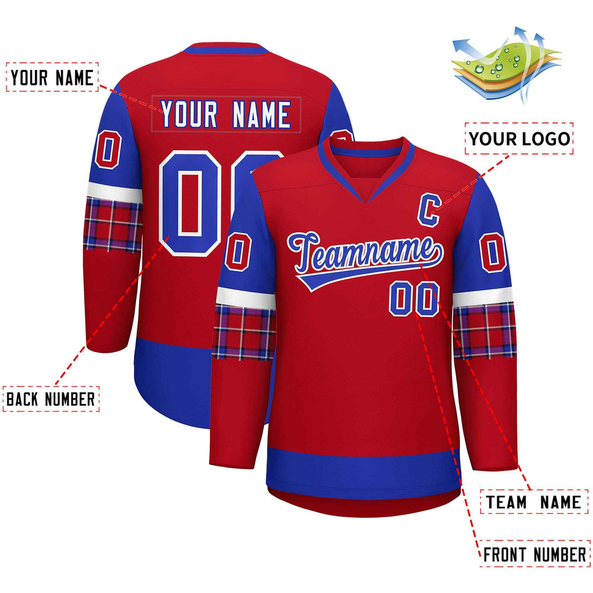 Custom Red Royal-White Personalized Raglan Sleeves V-Neck Hockey Jersey | KXKSHOP