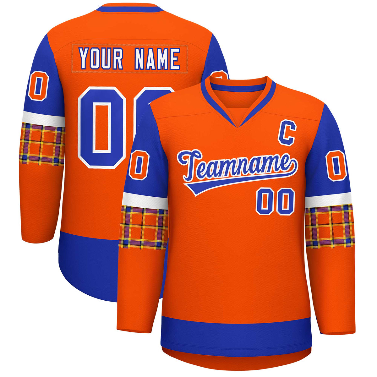 Custom Orange Royal-White Personalized Raglan Sleeves V-Neck Hockey Jersey | KXKSHOP
