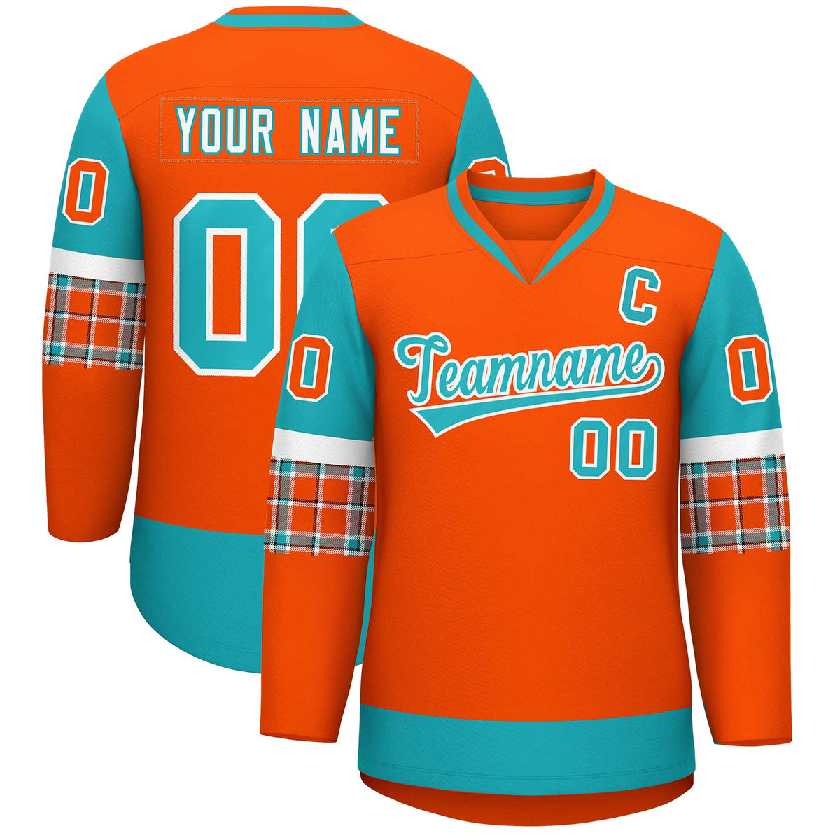 Custom Orange Aqua-White Personalized Raglan Sleeves V-Neck Hockey Jersey | KXKSHOP