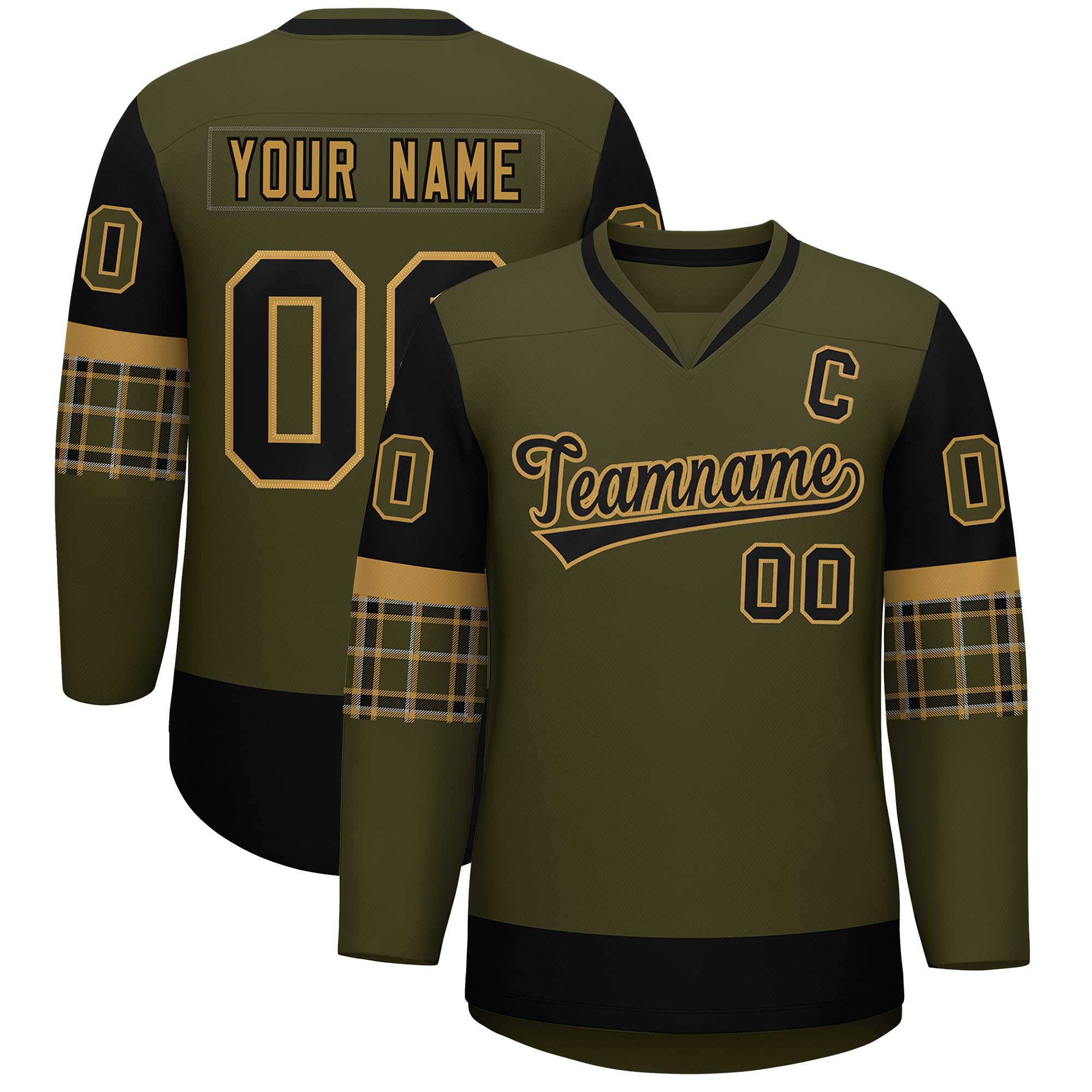 Custom Olive Black-Old Gold Personalized Raglan Sleeves V-Neck Hockey Jersey | KXKSHOP