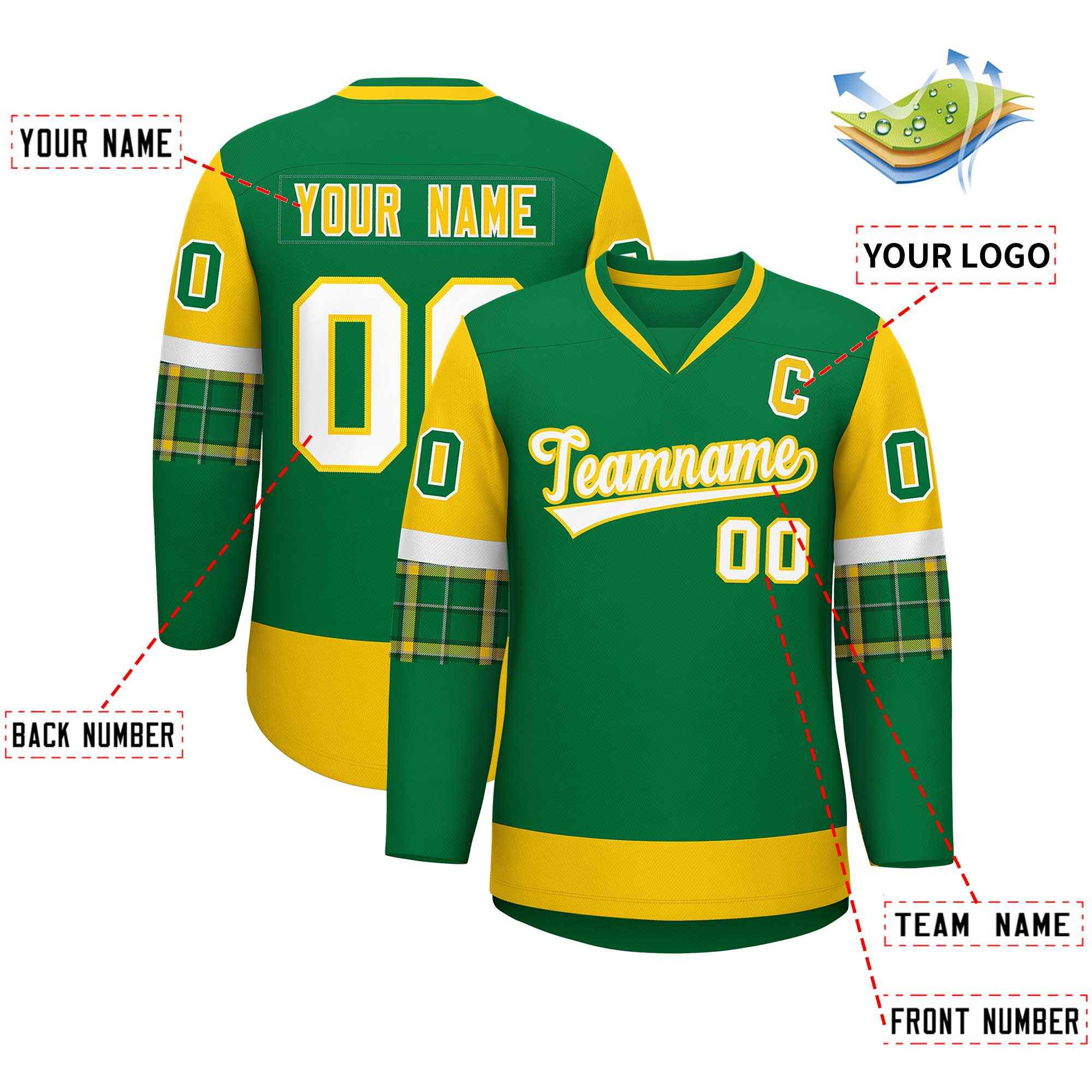 Custom Kelly Green Gold-White Personalized Raglan Sleeves V-Neck Hockey Jersey | KXKSHOP