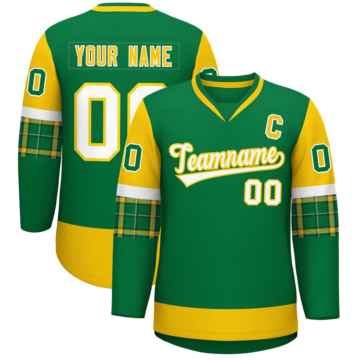 Custom Kelly Green Gold-White Personalized Raglan Sleeves V-Neck Hockey Jersey | KXKSHOP