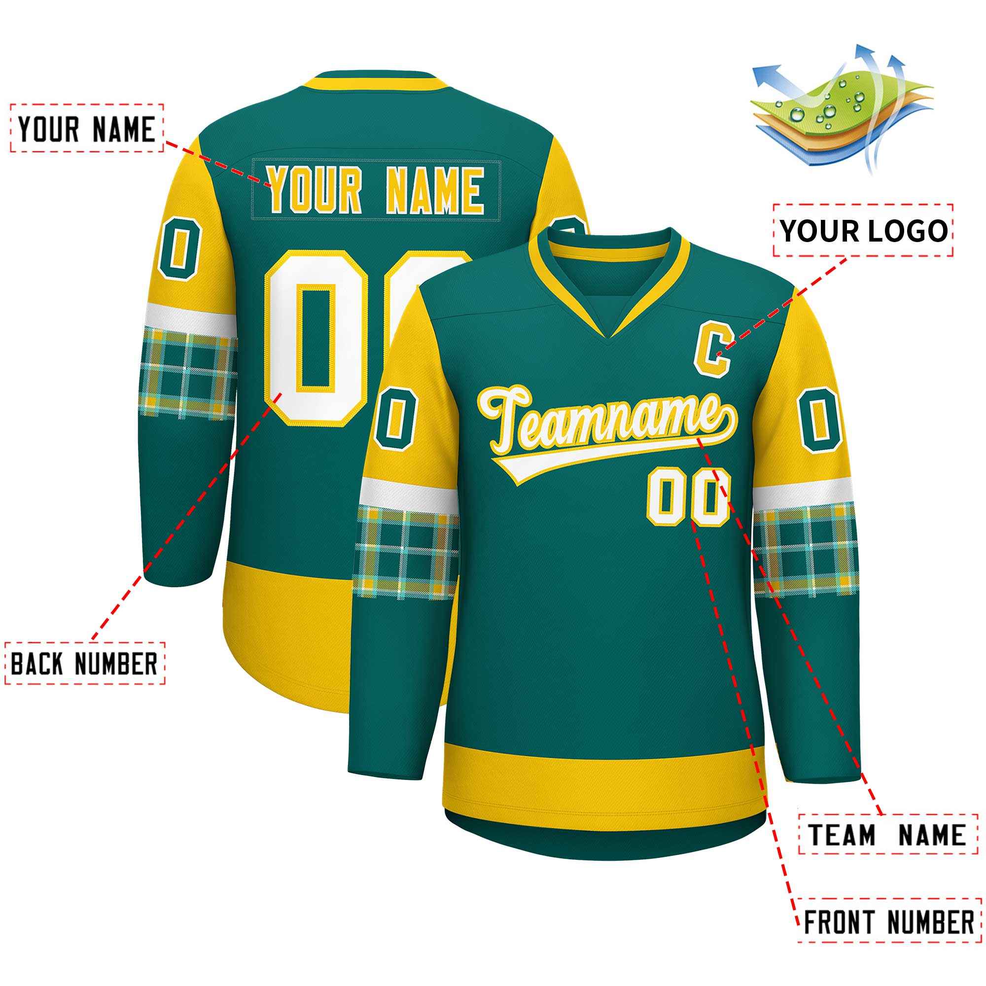 Custom Aqua Gold-White Personalized Raglan Sleeves V-Neck Hockey Jersey | KXKSHOP
