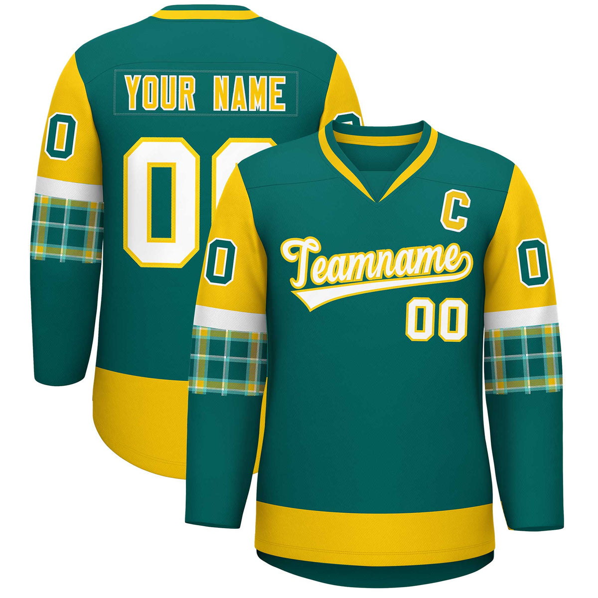 Custom Aqua Gold-White Personalized Raglan Sleeves V-Neck Hockey Jersey | KXKSHOP