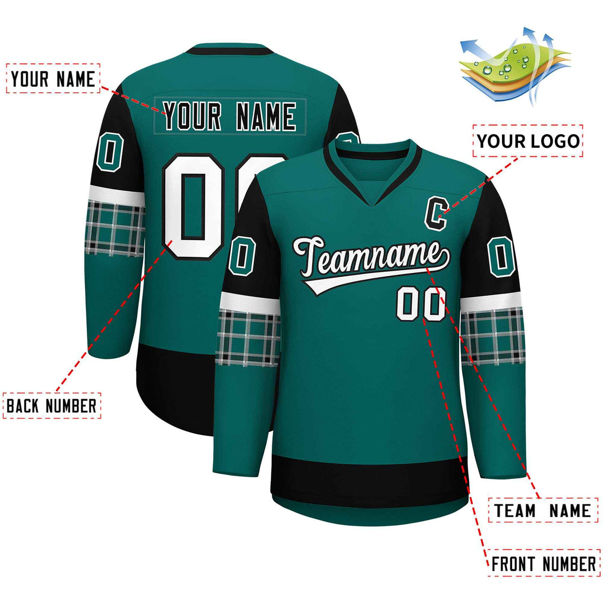 Custom Aqua Black-White Personalized Raglan Sleeves V-Neck Hockey Jersey | KXKSHOP