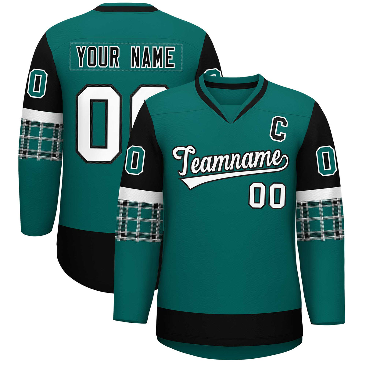 Custom Aqua Black-White Personalized Raglan Sleeves V-Neck Hockey Jersey | KXKSHOP