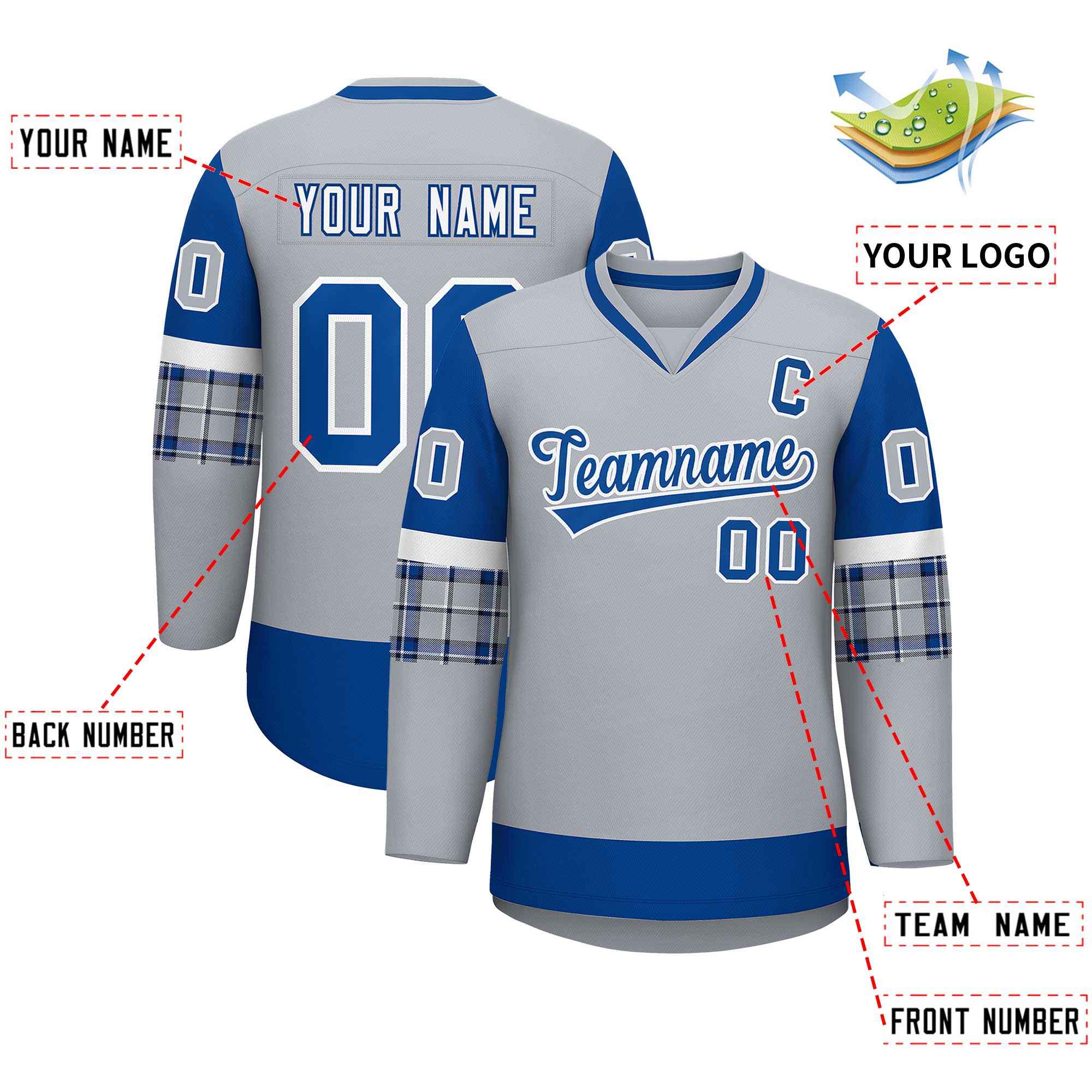 Custom Gray Royal-White Personalized Raglan Sleeves V-Neck Hockey Jersey | KXKSHOP