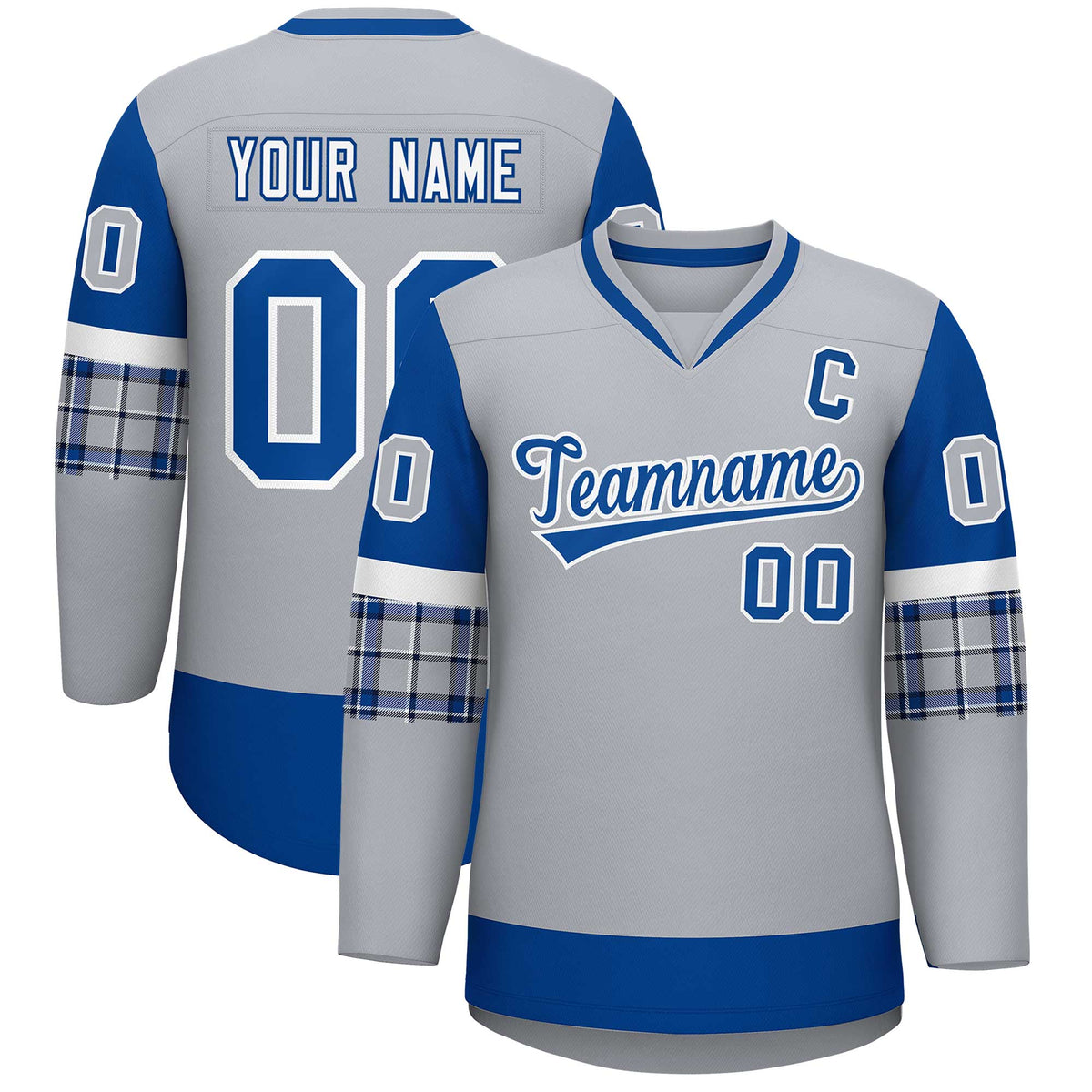 Custom Gray Royal-White Personalized Raglan Sleeves V-Neck Hockey Jersey | KXKSHOP