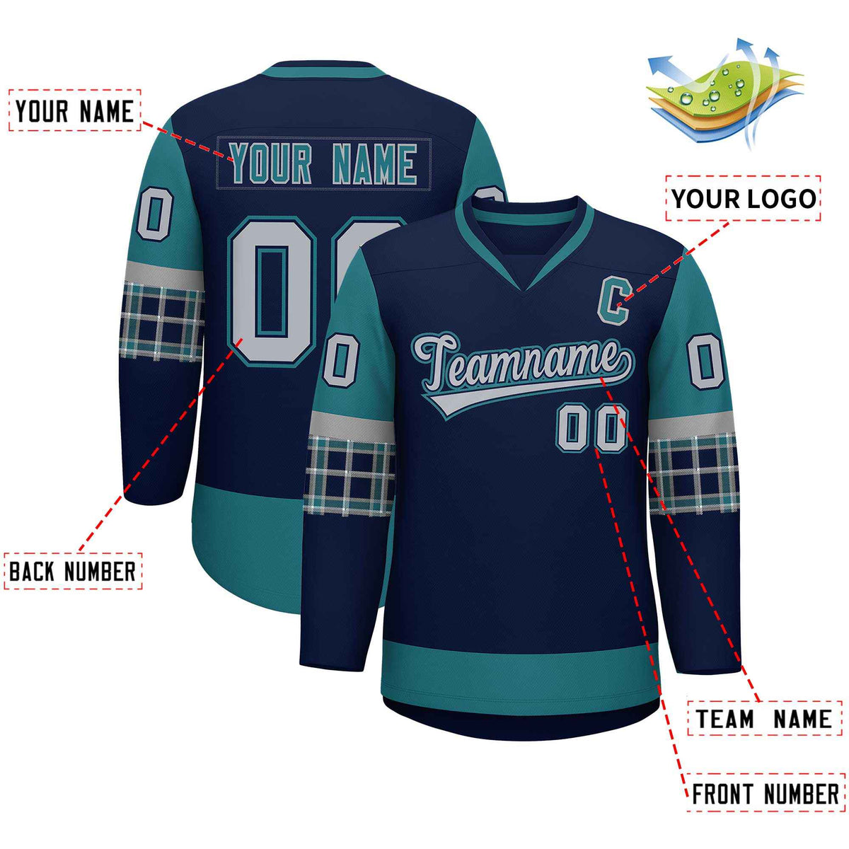 Custom Navy Aqua-Gray Personalized Raglan Sleeves V-Neck Hockey Jersey | KXKSHOP