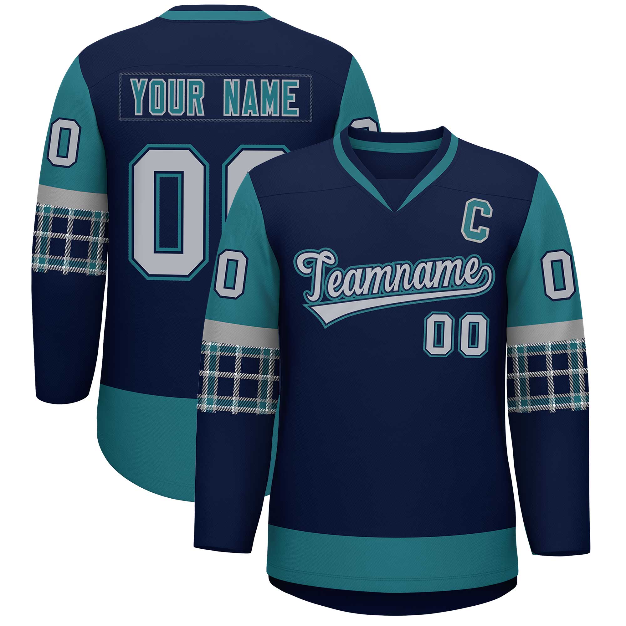 Custom Navy Aqua-Gray Personalized Raglan Sleeves V-Neck Hockey Jersey | KXKSHOP