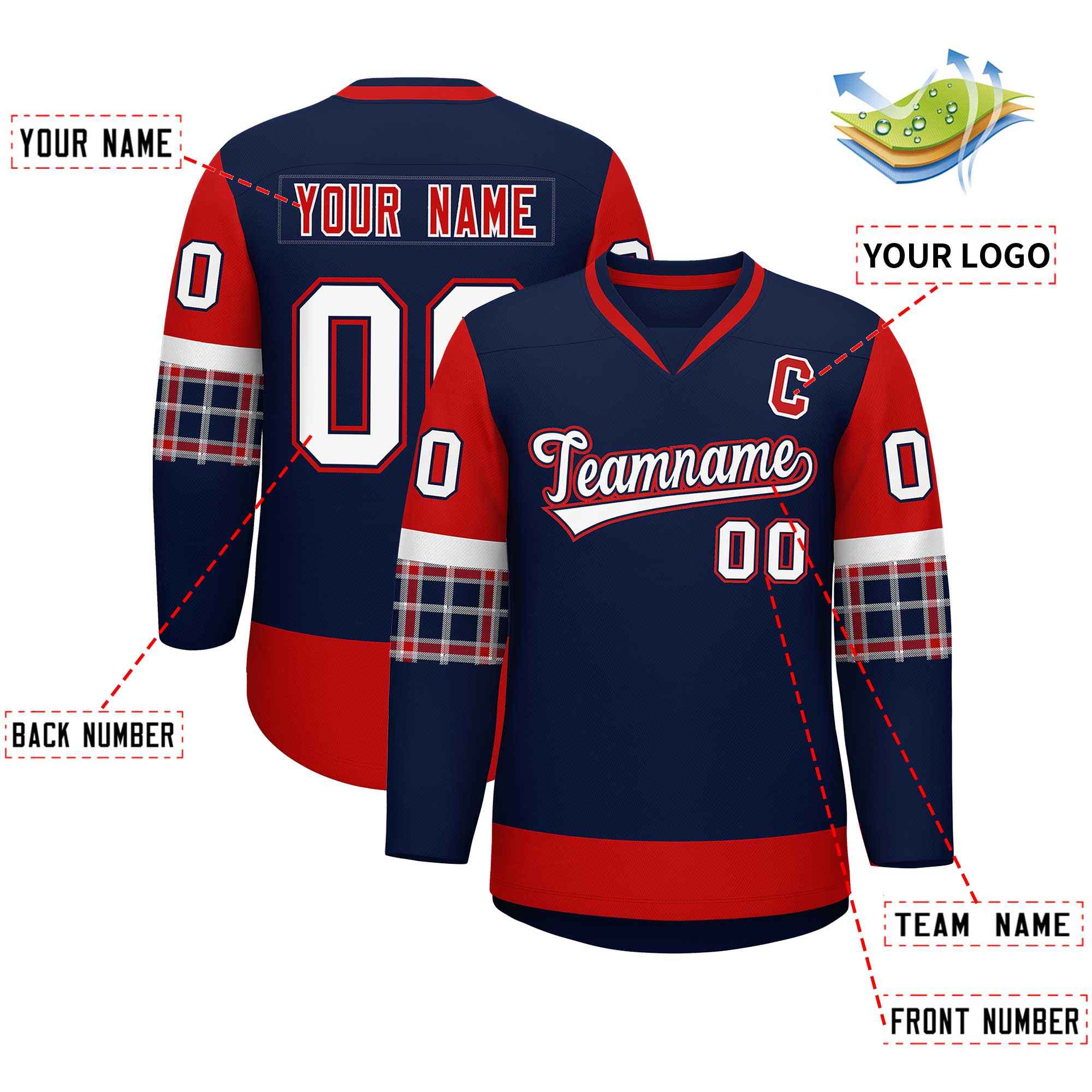 Custom Navy Red-White Personalized Raglan Sleeves V-Neck Hockey Jersey | KXKSHOP