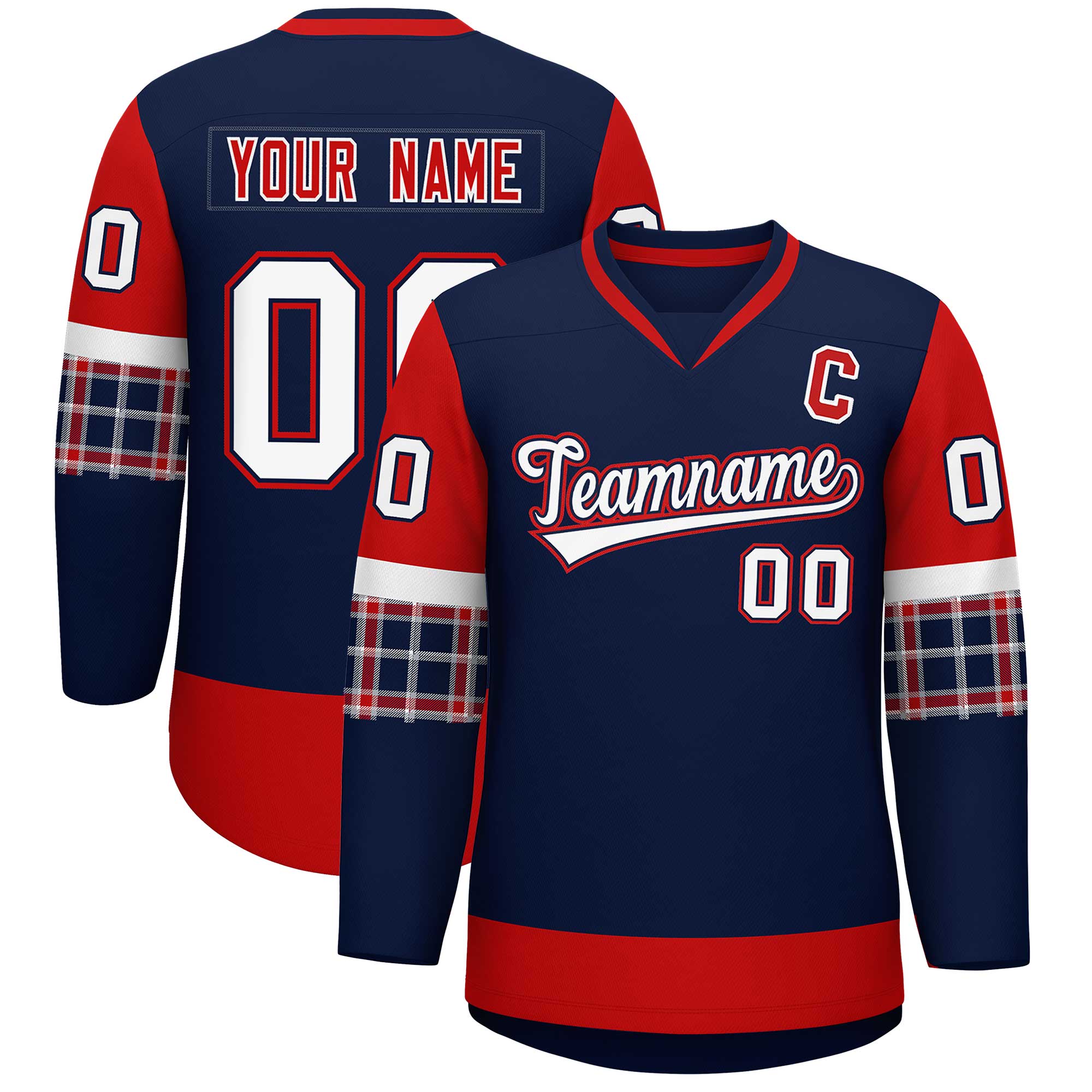 Custom Navy Red-White Personalized Raglan Sleeves V-Neck Hockey Jersey | KXKSHOP