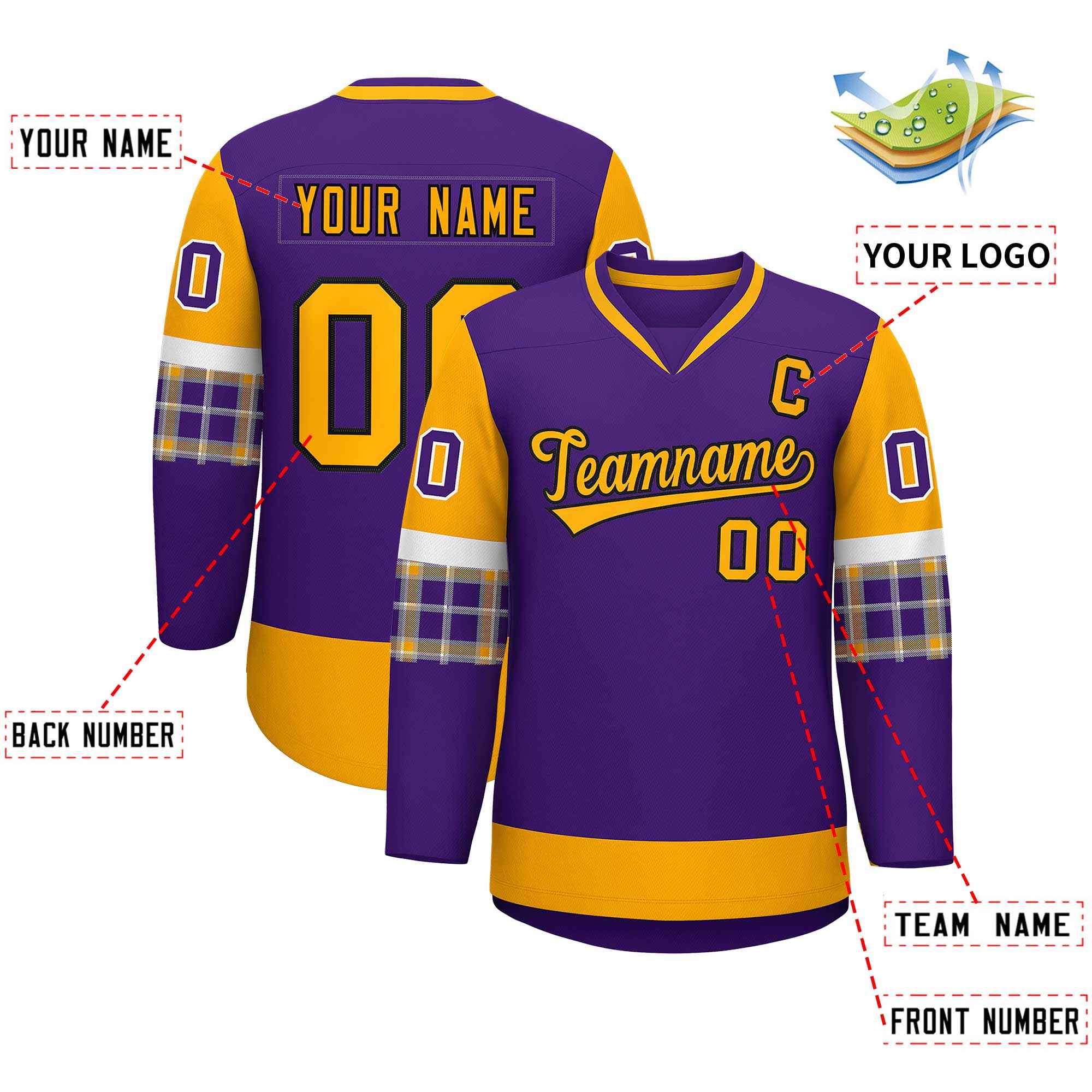Custom Purple Yellow-White Personalized Raglan Sleeves V-Neck Hockey Jersey | KXKSHOP
