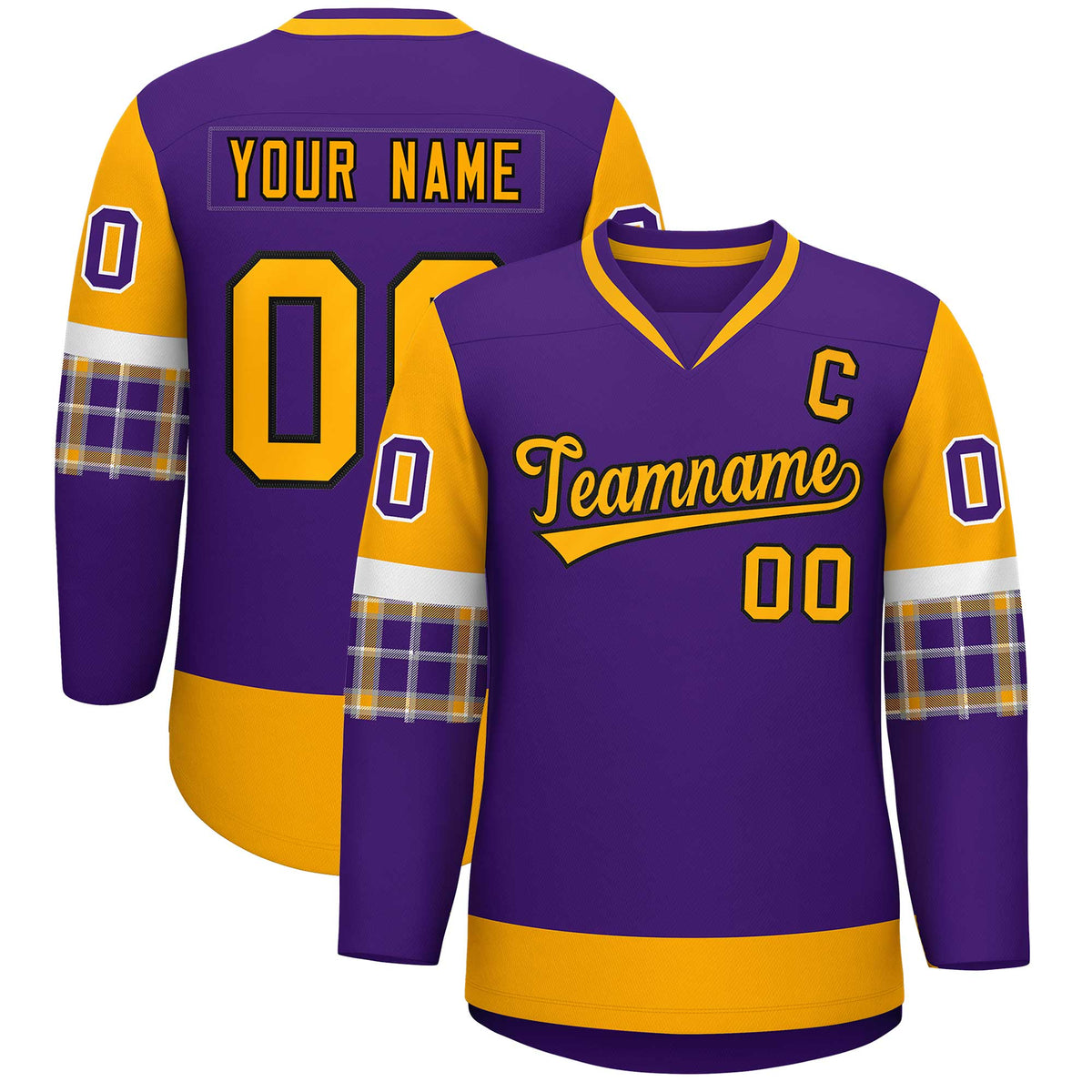 Custom Purple Yellow-White Personalized Raglan Sleeves V-Neck Hockey Jersey | KXKSHOP