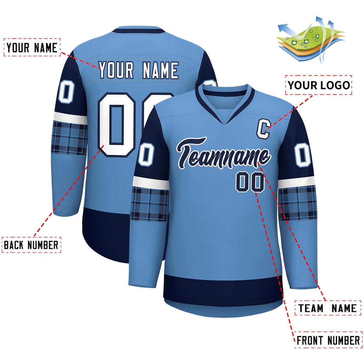 Custom Light Blue Navy-White Personalized Raglan Sleeves V-Neck Hockey Jersey | KXKSHOP