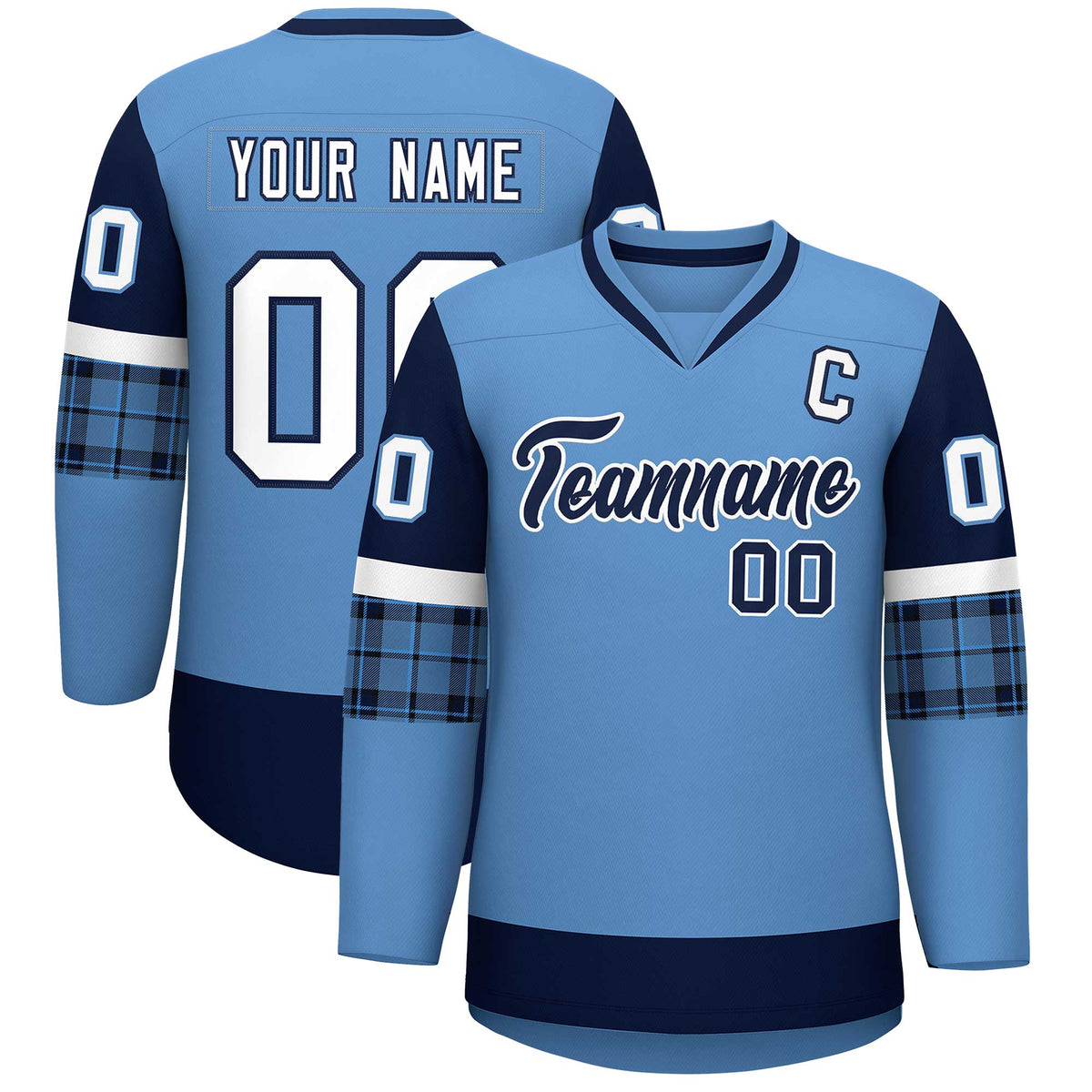 Custom Light Blue Navy-White Personalized Raglan Sleeves V-Neck Hockey Jersey | KXKSHOP