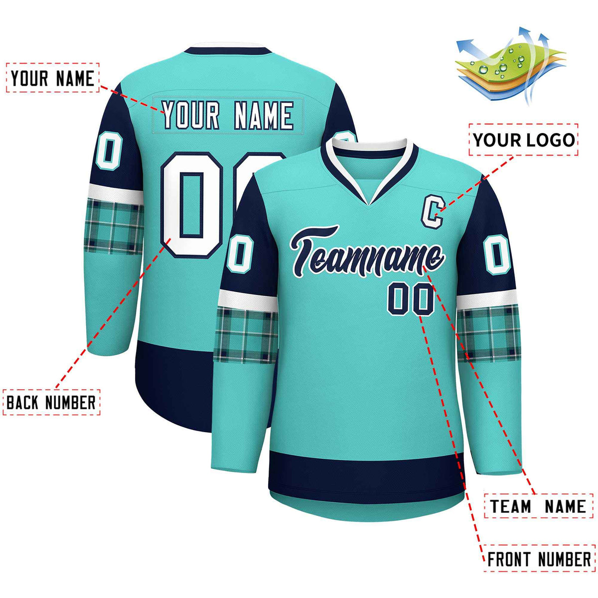 Custom Bright Green Navy-White Personalized Raglan Sleeves V-Neck Hockey Jersey | KXKSHOP