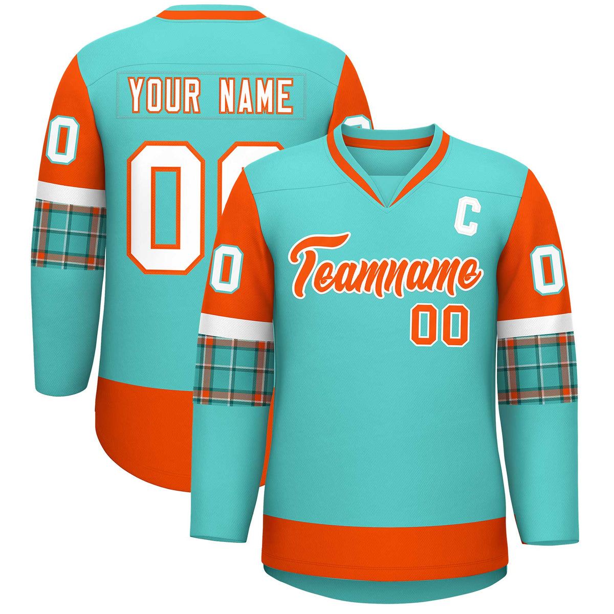 Custom Bright Green Orange-White Personalized Raglan Sleeves V-Neck Hockey Jersey | KXKSHOP