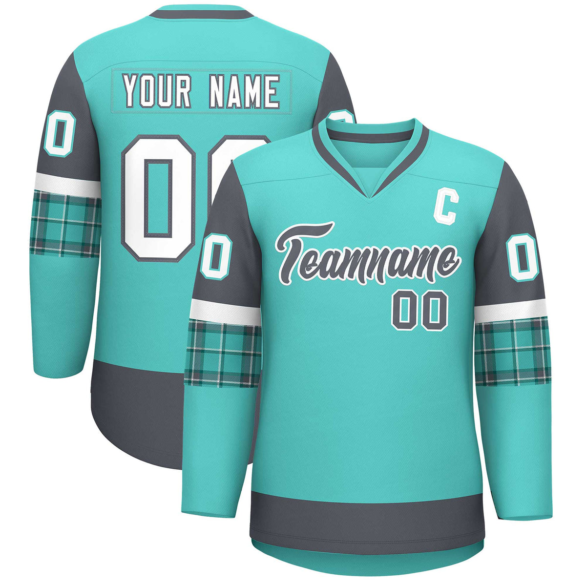 Custom Bright Green Dark Gray-White Personalized Raglan Sleeves V-Neck Hockey Jersey | KXKSHOP