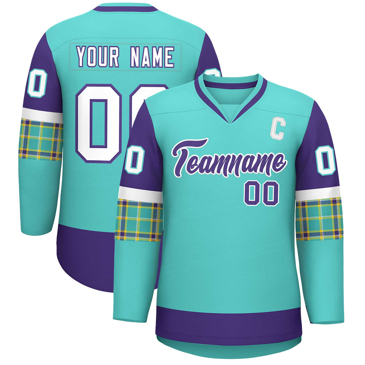 Custom Bright Green Purple-White Personalized Raglan Sleeves V-Neck Hockey Jersey | KXKSHOP