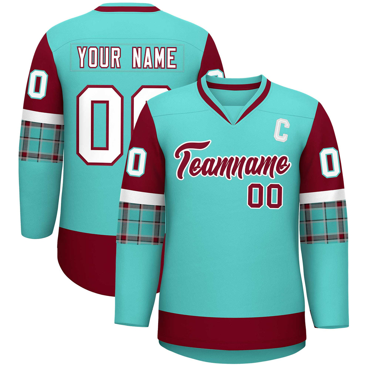Custom Bright Green Crimson-White Personalized Raglan Sleeves V-Neck Hockey Jersey | KXKSHOP