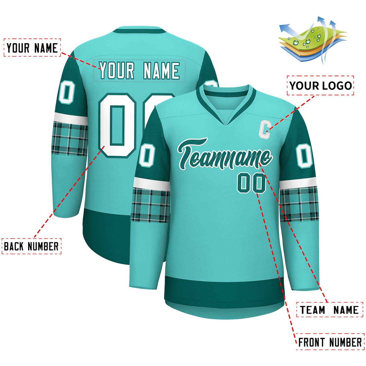 Custom Bright Green Aqua-White Personalized Raglan Sleeves V-Neck Hockey Jersey | KXKSHOP