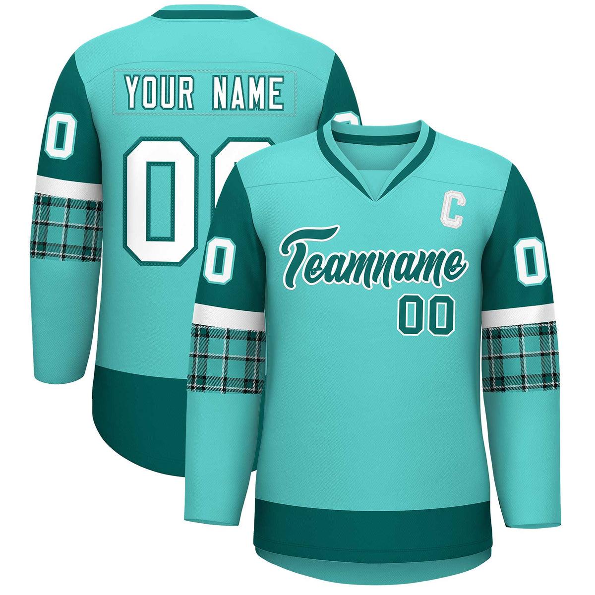 Custom Bright Green Aqua-White Personalized Raglan Sleeves V-Neck Hockey Jersey | KXKSHOP