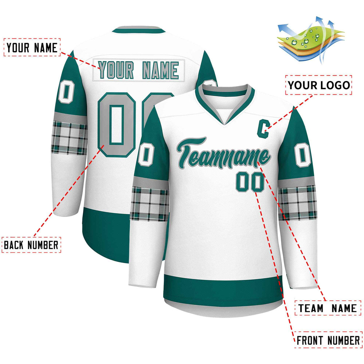 Custom White Aqua-Gray Personalized Raglan Sleeves V-Neck Hockey Jersey | KXKSHOP