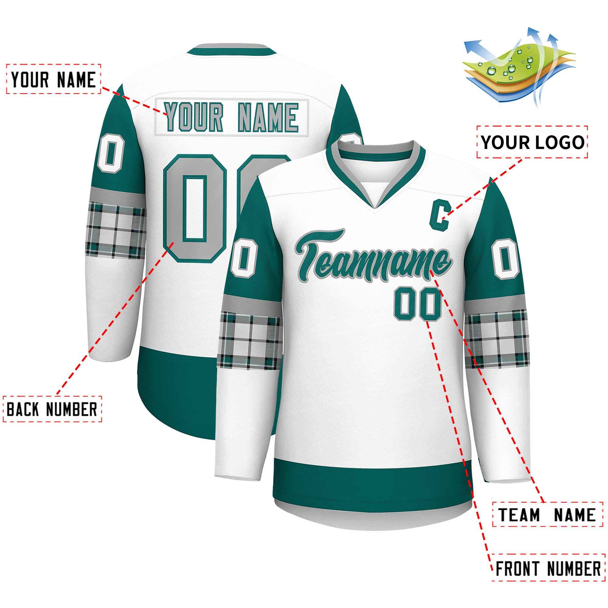 Custom White Aqua-Gray Personalized Raglan Sleeves V-Neck Hockey Jersey | KXKSHOP