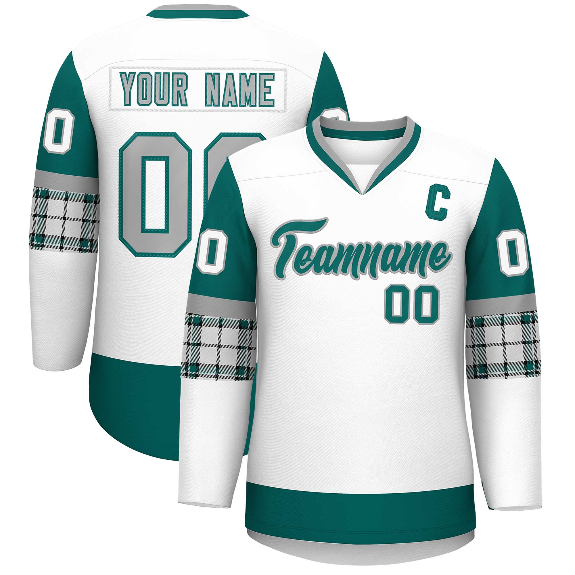 Custom White Aqua-Gray Personalized Raglan Sleeves V-Neck Hockey Jersey | KXKSHOP