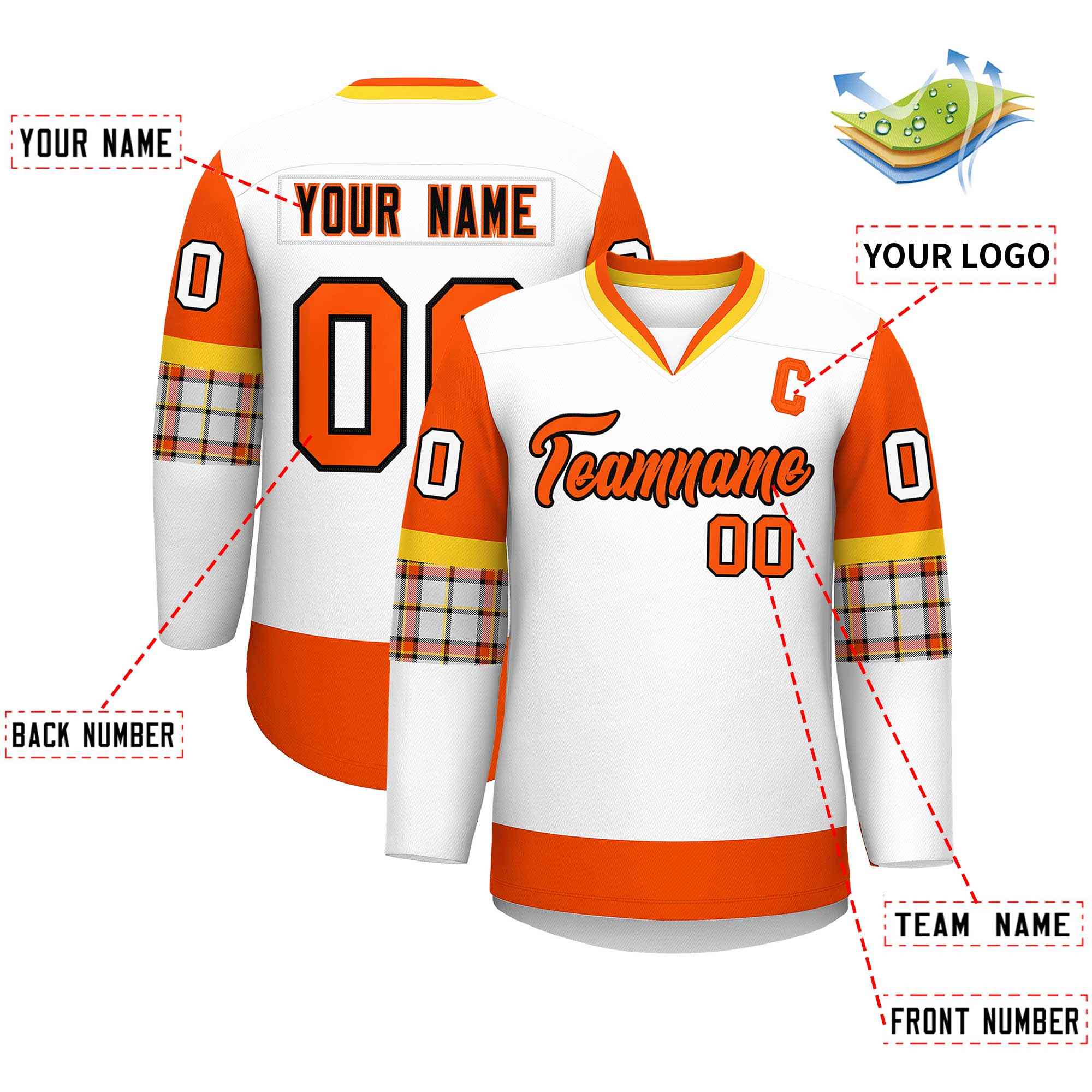 Custom White Orange-Yellow Personalized Raglan Sleeves V-Neck Hockey Jersey | KXKSHOP