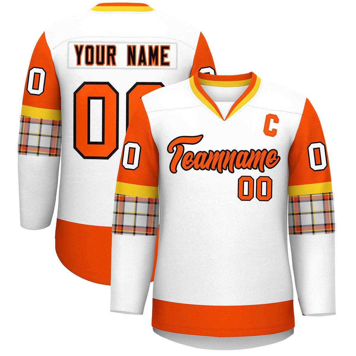 Custom White Orange-Yellow Personalized Raglan Sleeves V-Neck Hockey Jersey | KXKSHOP