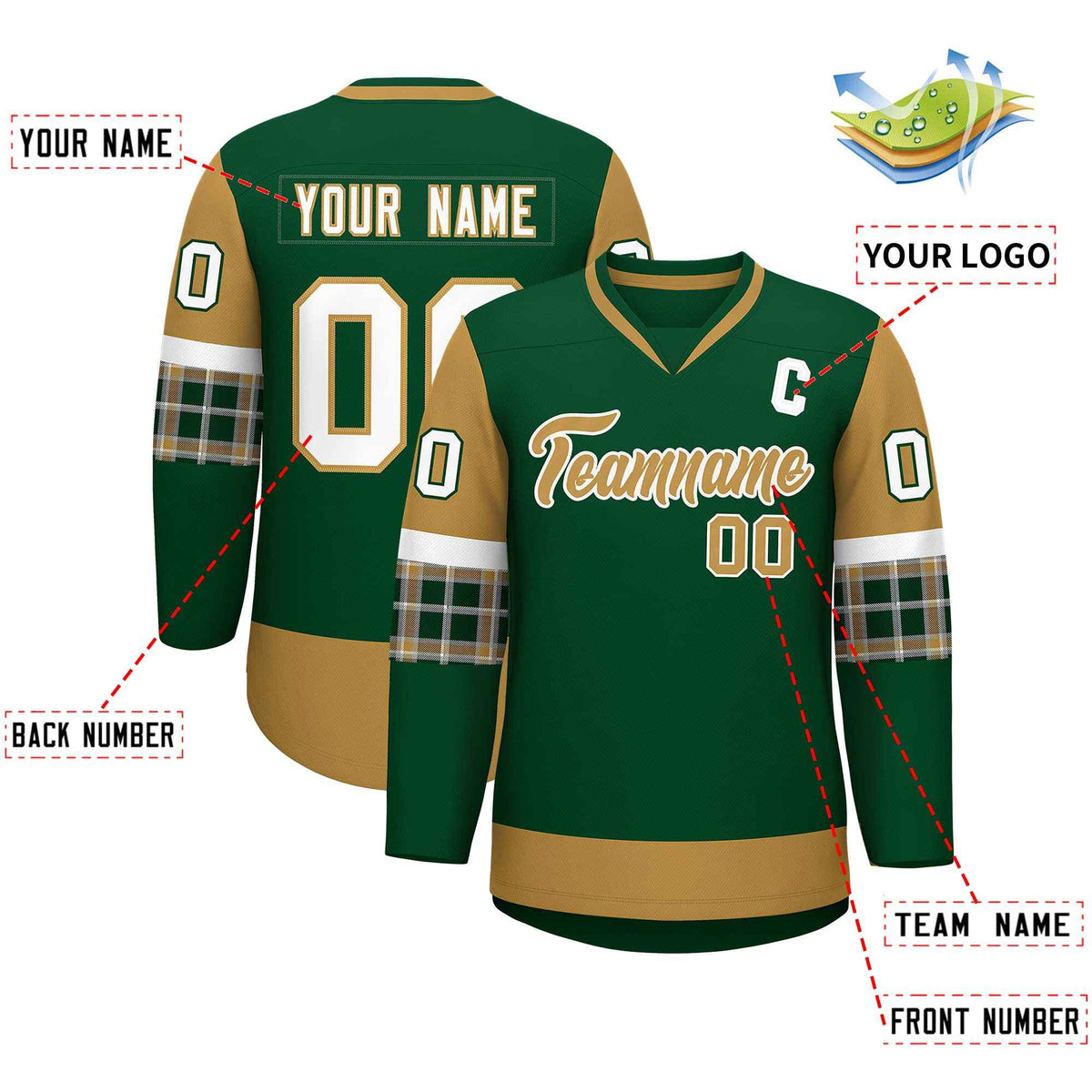 Custom Green Old Gold-White Personalized Raglan Sleeves V-Neck Hockey Jersey | KXKSHOP