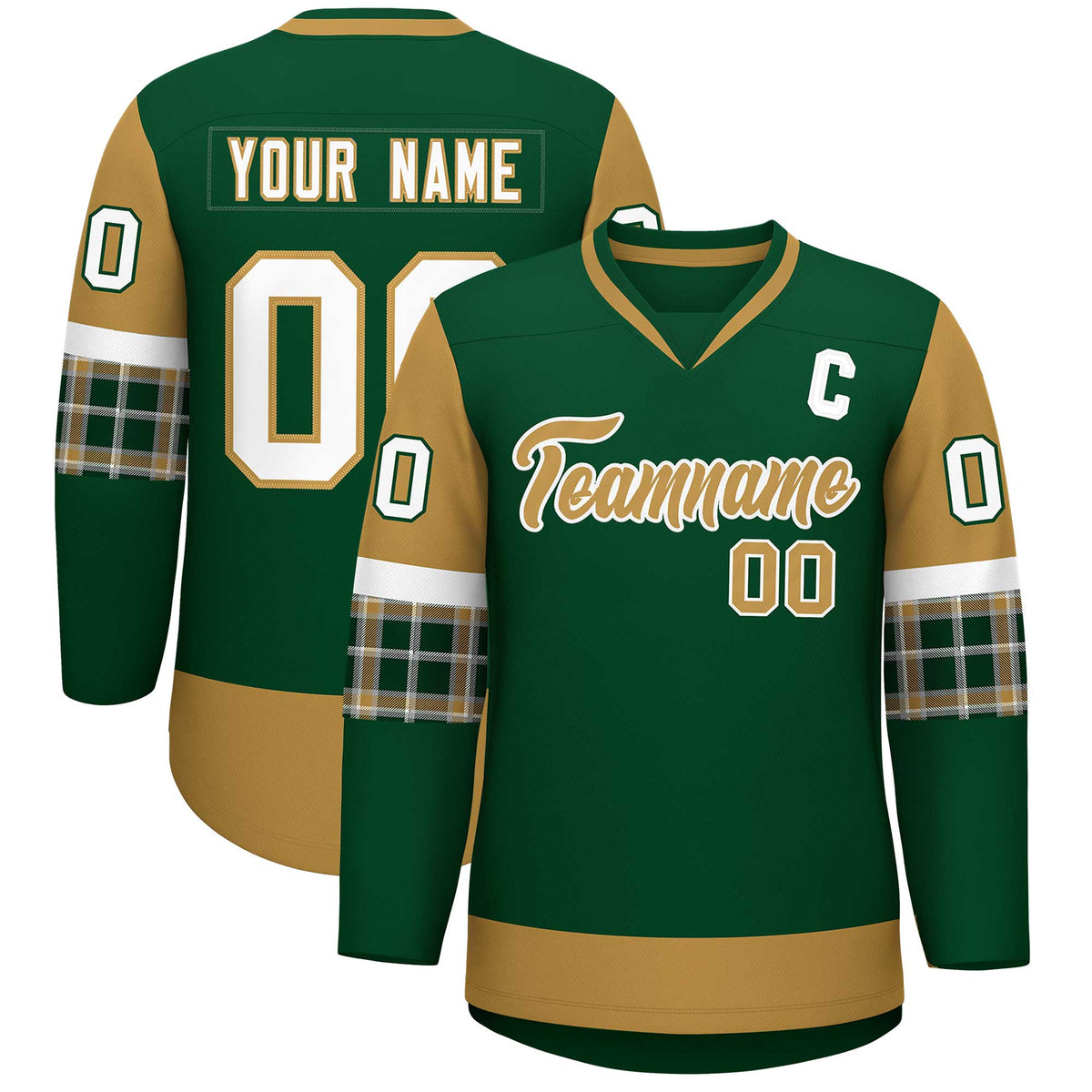 Custom Green Old Gold-White Personalized Raglan Sleeves V-Neck Hockey Jersey | KXKSHOP