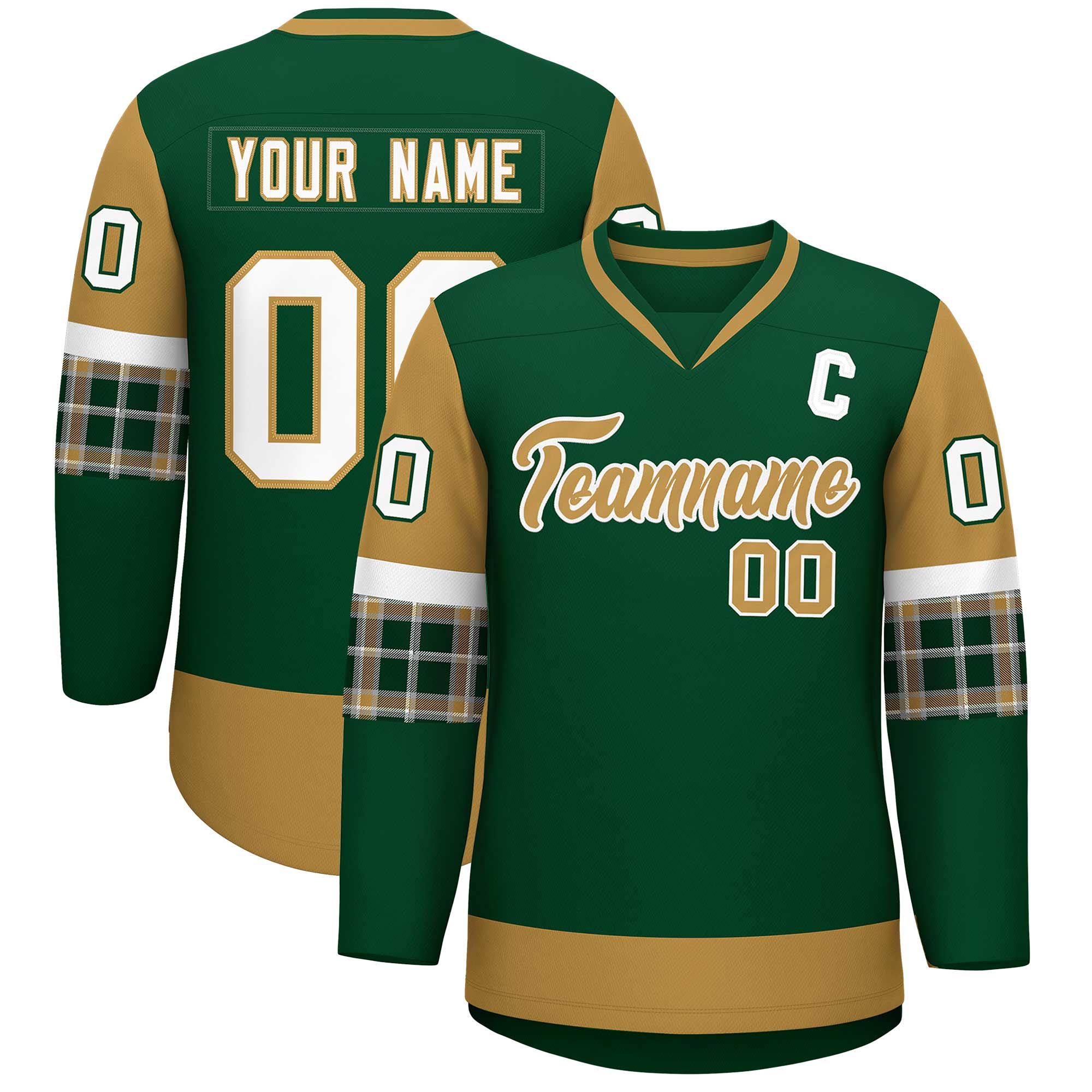 Custom Green Old Gold-White Personalized Raglan Sleeves V-Neck Hockey Jersey | KXKSHOP