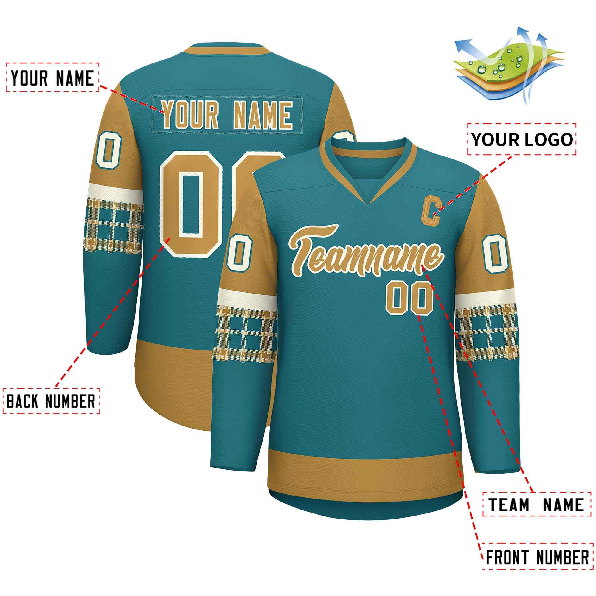 Custom Aqua Old Gold-Cream Personalized Raglan Sleeves V-Neck Hockey Jersey | KXKSHOP