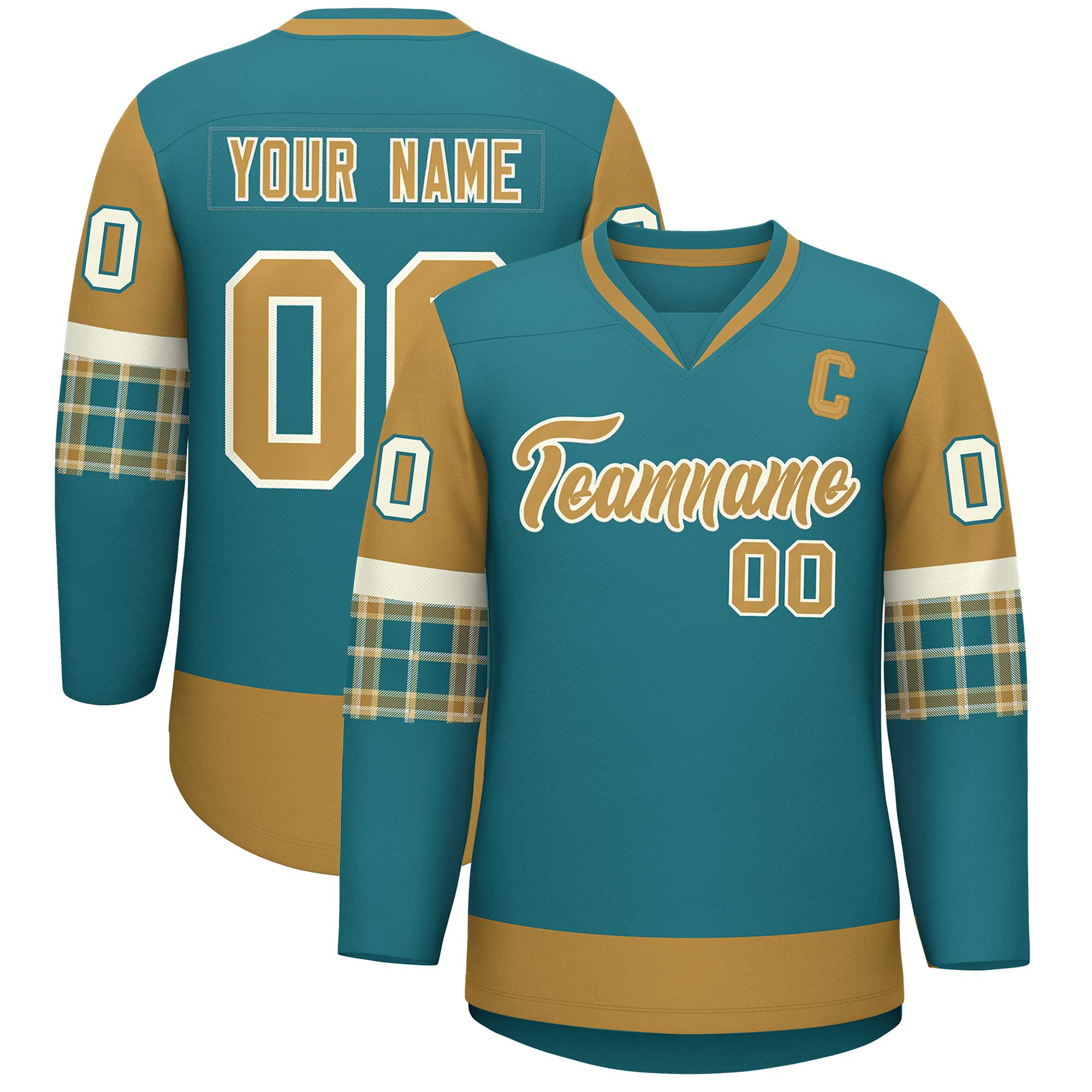 Custom Aqua Old Gold-Cream Personalized Raglan Sleeves V-Neck Hockey Jersey | KXKSHOP