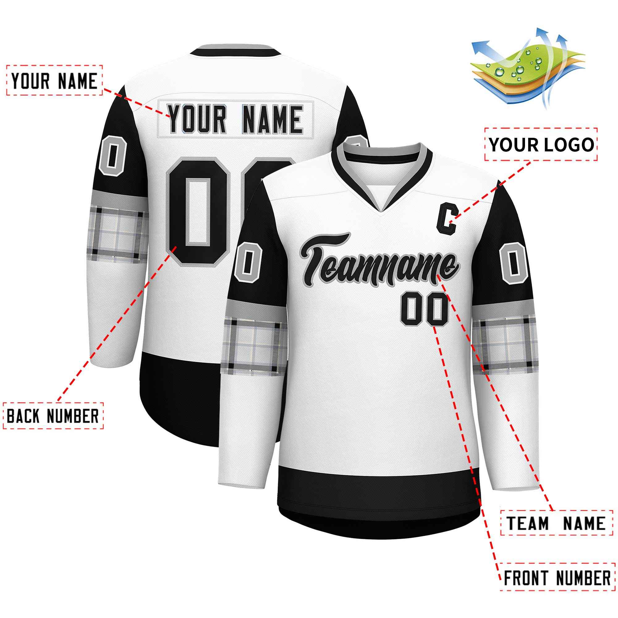 Custom White Black-Gray Personalized Raglan Sleeves V-Neck Hockey Jersey | KXKSHOP
