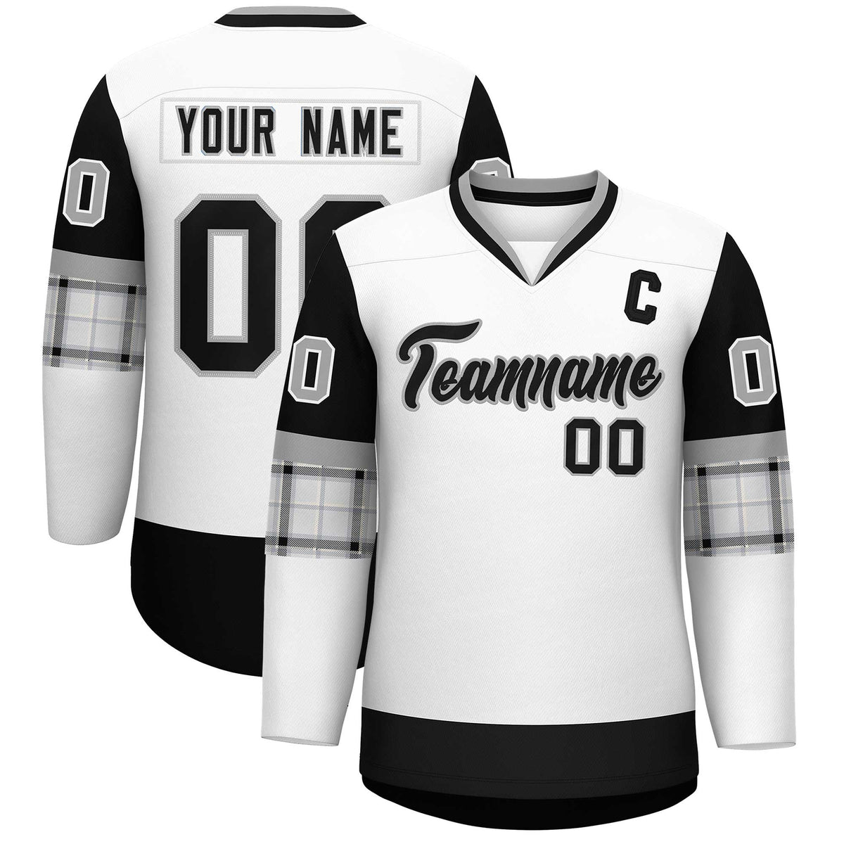 Custom White Black-Gray Personalized Raglan Sleeves V-Neck Hockey Jersey | KXKSHOP