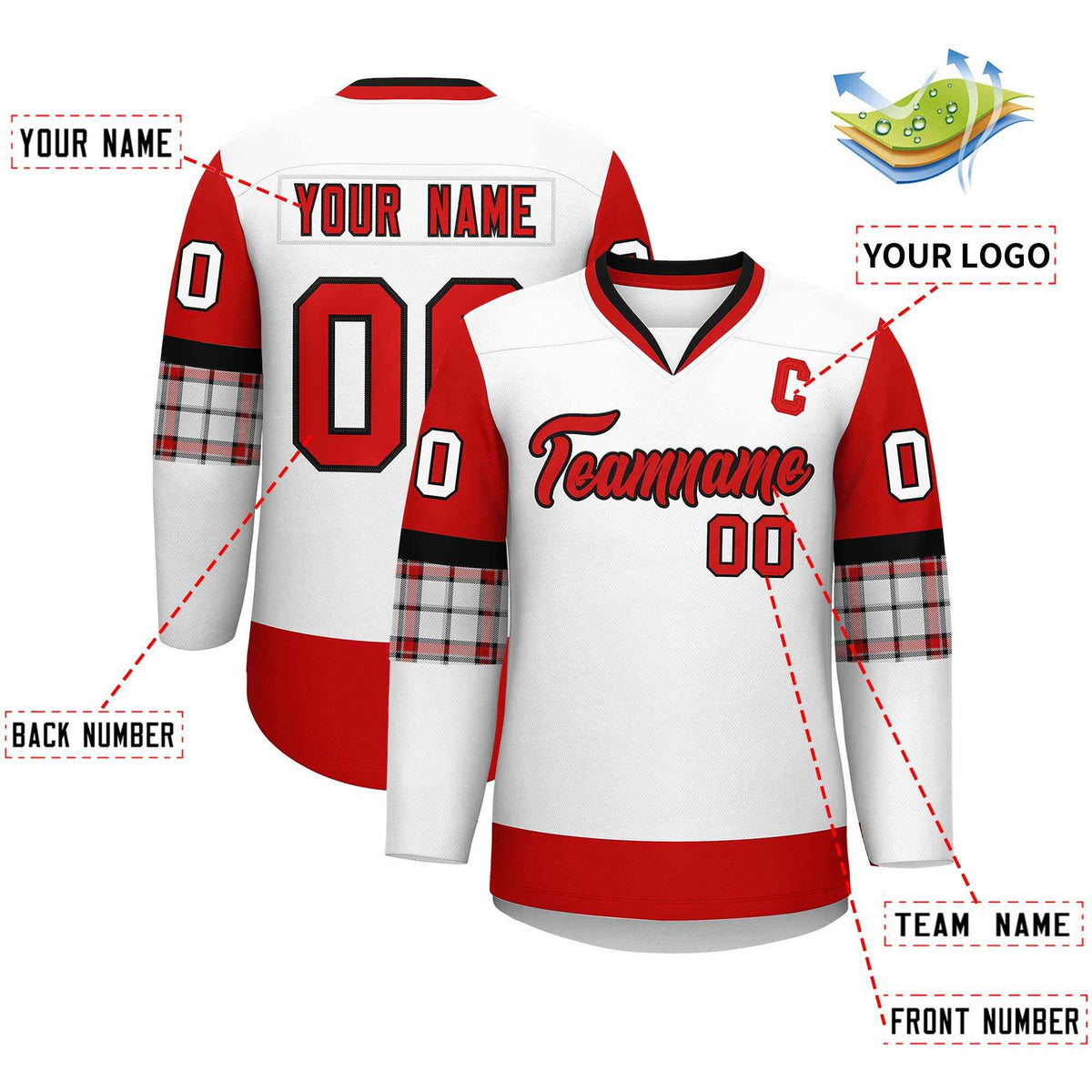 Custom White Red-Black Personalized Raglan Sleeves V-Neck Hockey Jersey | KXKSHOP