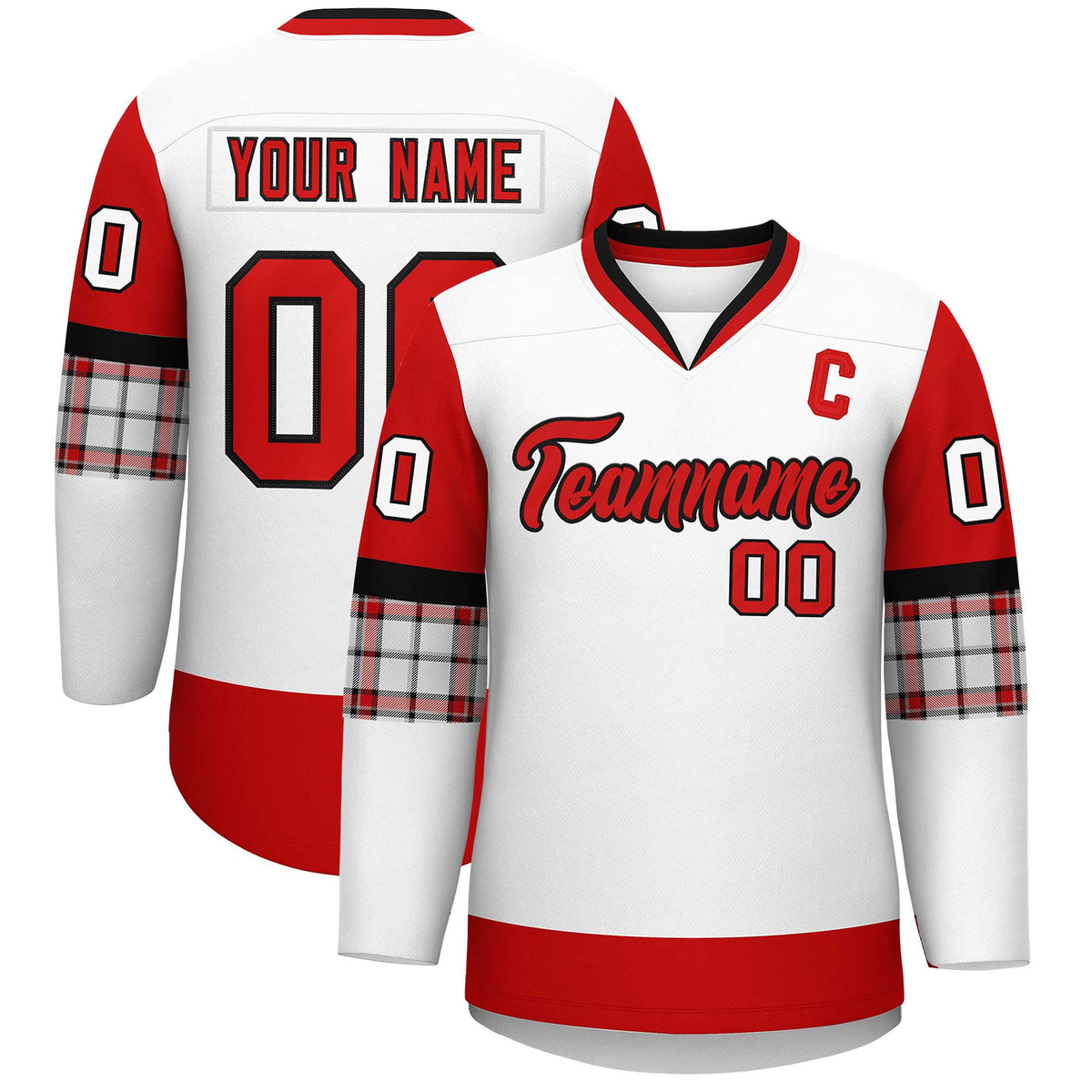 Custom White Red-Black Personalized Raglan Sleeves V-Neck Hockey Jersey | KXKSHOP