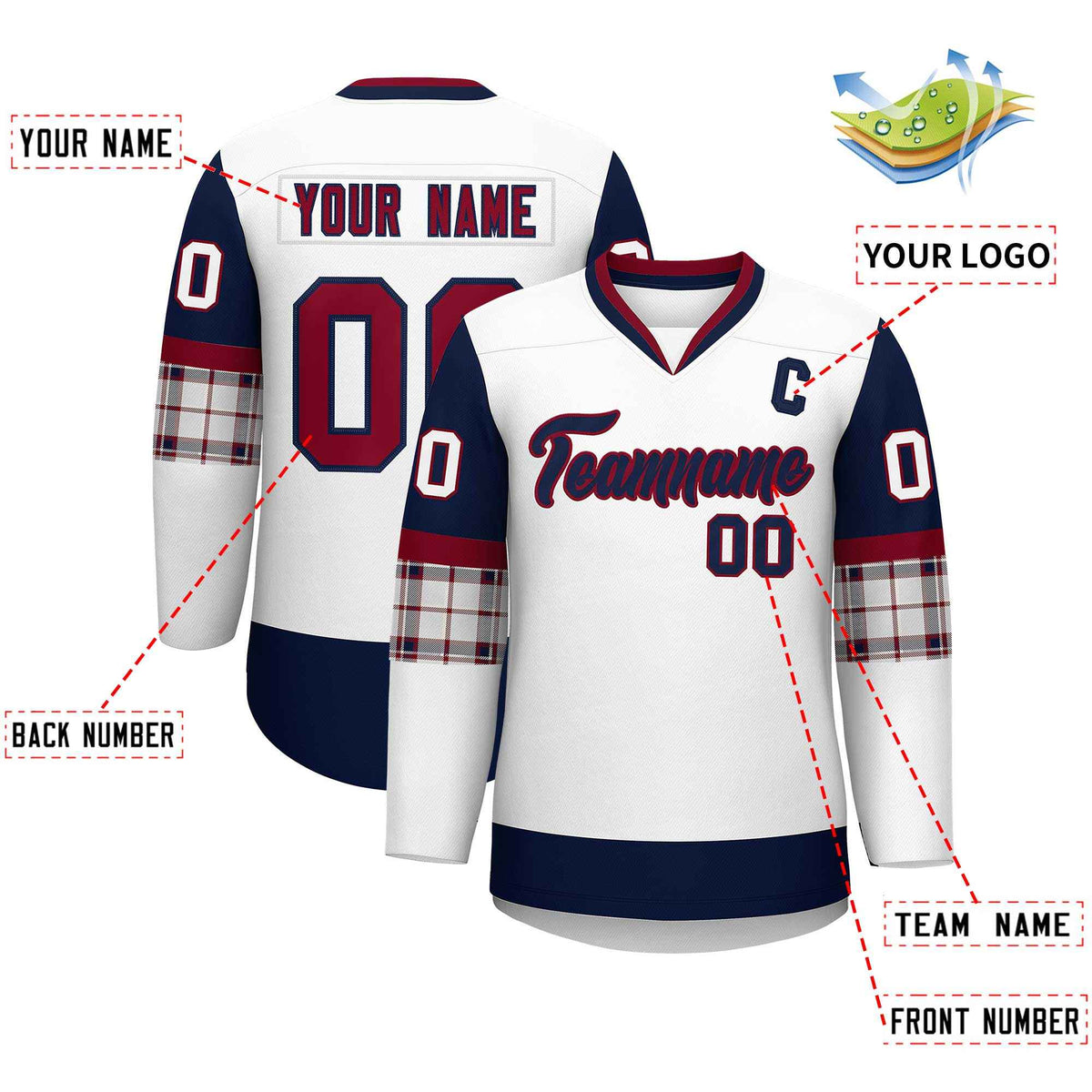 Custom White Navy-Crimson Personalized Raglan Sleeves V-Neck Hockey Jersey | KXKSHOP