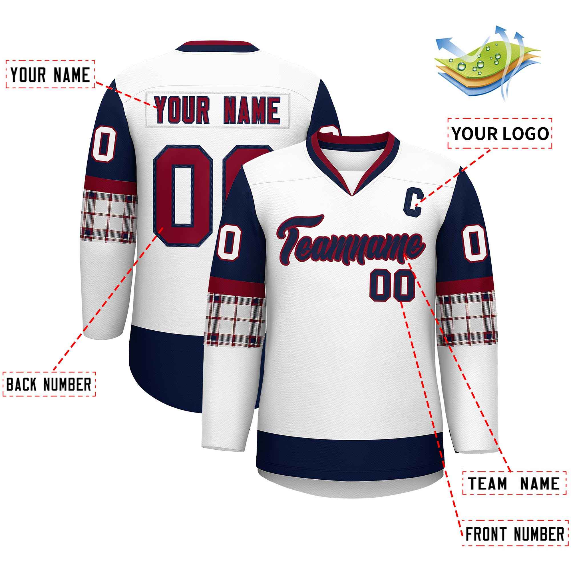 Custom White Navy-Crimson Personalized Raglan Sleeves V-Neck Hockey Jersey | KXKSHOP