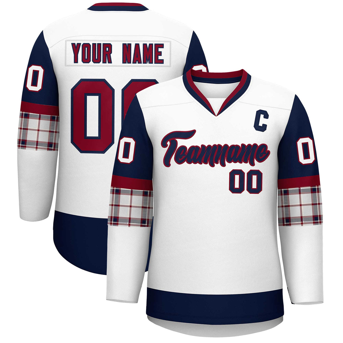 Custom White Navy-Crimson Personalized Raglan Sleeves V-Neck Hockey Jersey | KXKSHOP
